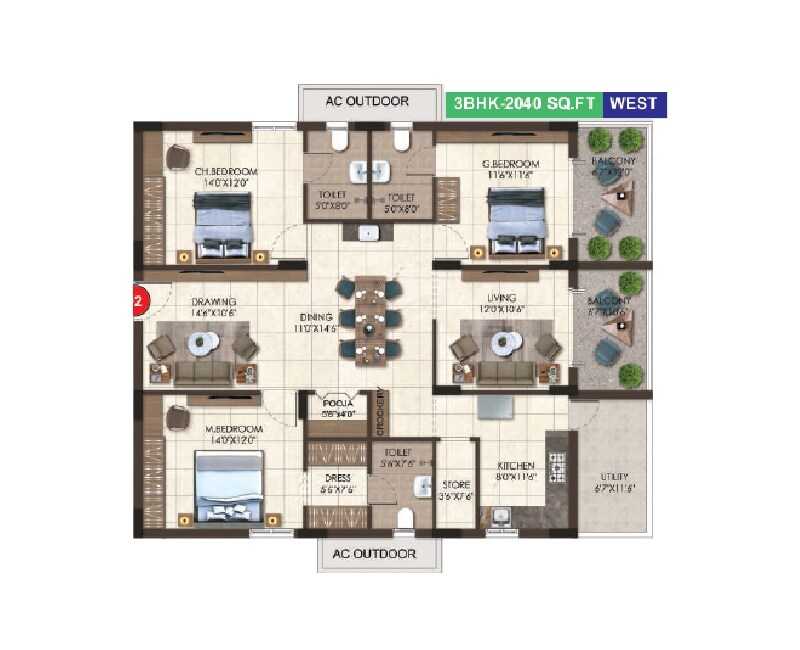 Floor plan of 3 BHK 2040 Sq. Ft. Apartment in Taproot Hornbill Retreat, Hyderabad