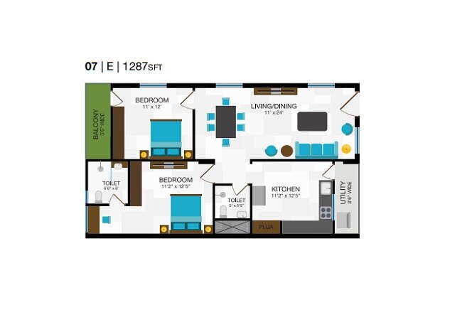 Floor plan of 2 BHK 1287 Sq. Ft. Apartment in TBC Dwar, Hyderabad