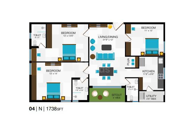 Floor plan of 3 BHK 1738 Sq. Ft. Apartment in TBC Dwar, Hyderabad