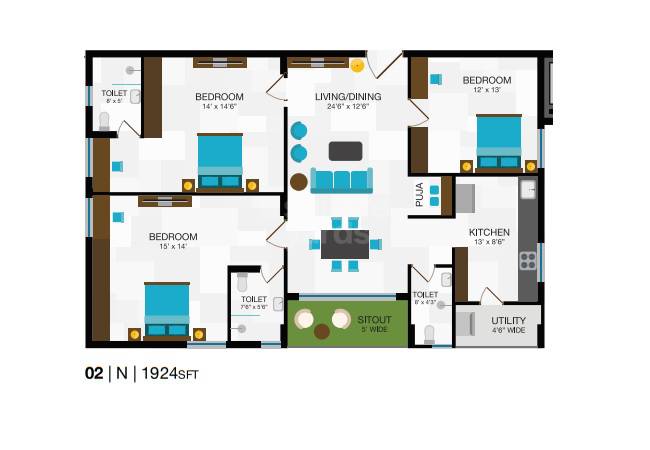 Floor plan of 3 BHK 1924 Sq. Ft. Apartment in TBC Dwar, Hyderabad