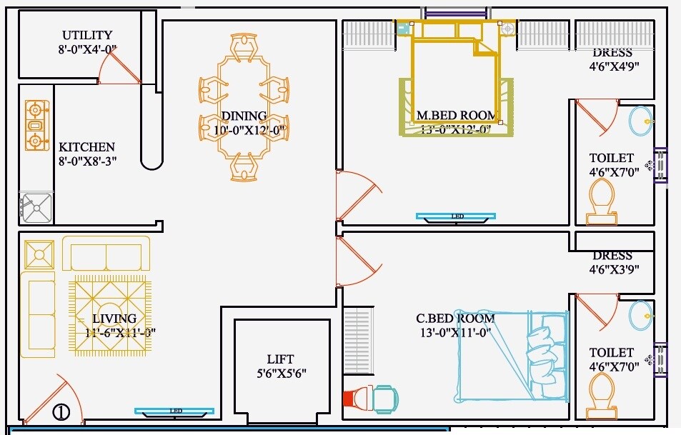 Floor plan of 2 BHK 1140 Sq. Ft. Apartment in TBT Sankineni Nilayam, Hyderabad