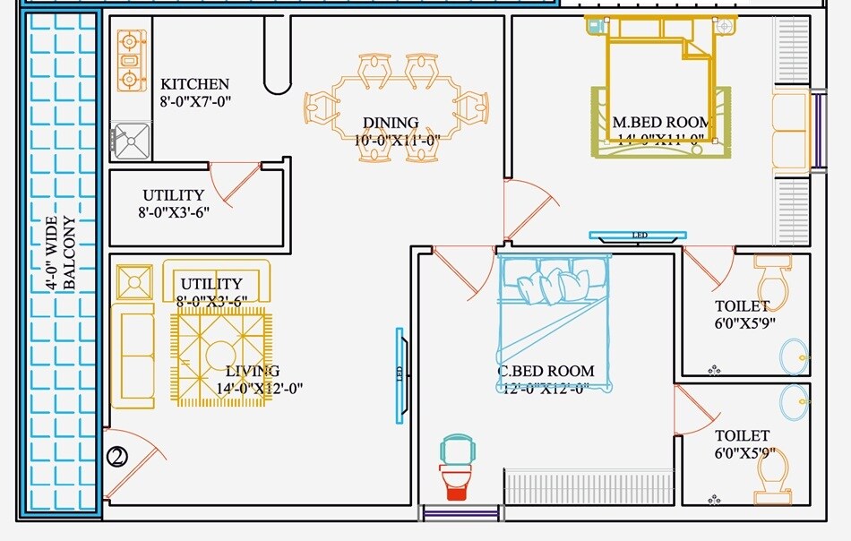 Floor plan of 2 BHK 1181 Sq. Ft. Apartment in TBT Sankineni Nilayam, Hyderabad