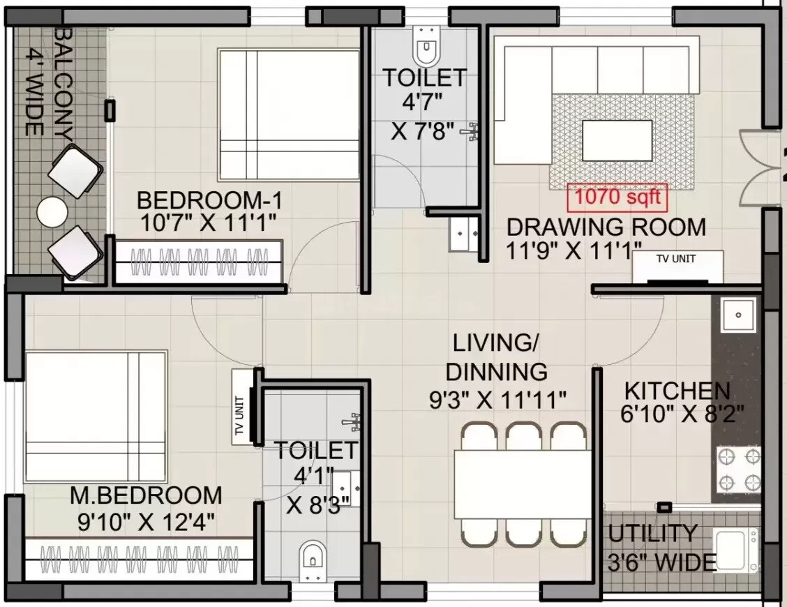 Floor plan of 2 BHK 1070 Sq. Ft. Apartment in Technopolis Solitaire Pride, Hyderabad