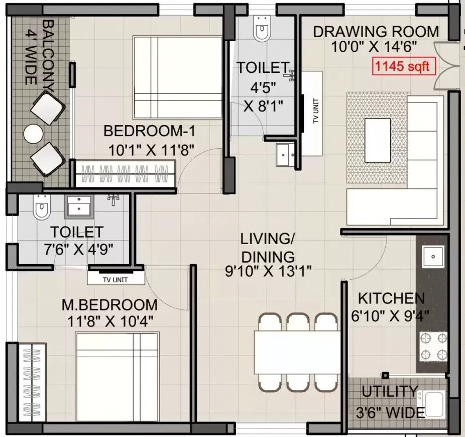 2 BHK 1145 Sq. Ft. Apartment