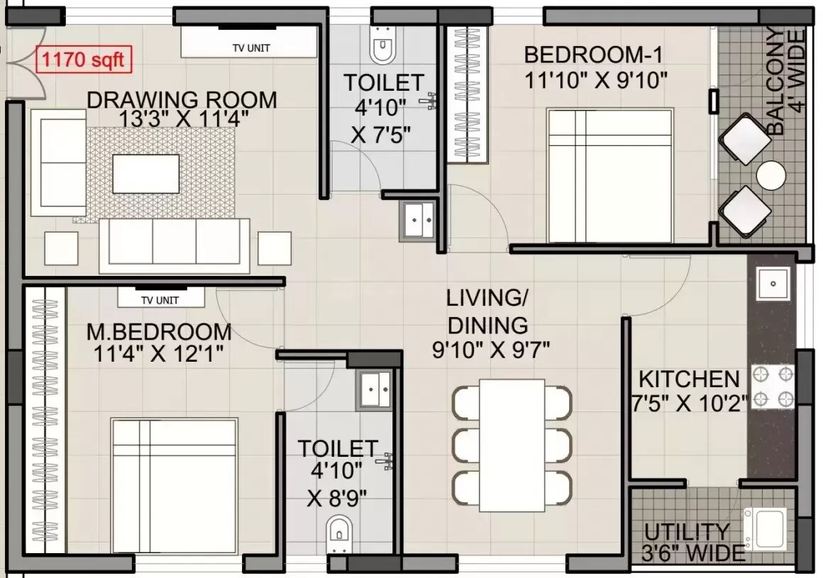 2 BHK 1170 Sq. Ft. Apartment