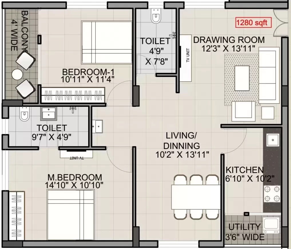 2 BHK 1280 Sq. Ft. Apartment