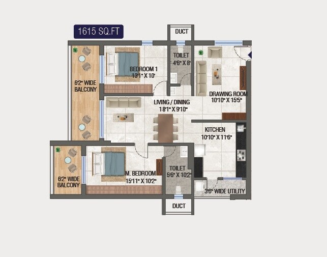 Floor plan of 2 BHK 1615 Sq. Ft. Apartment in Technopolis Solitaire Unity, Hyderabad