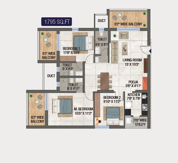 Floor plan of 3 BHK 1795 Sq. Ft. Apartment in Technopolis Solitaire Unity, Hyderabad