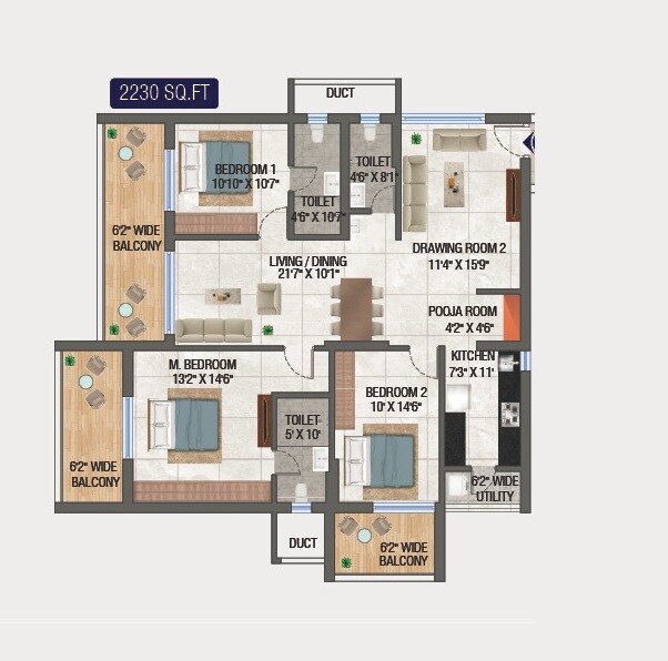 Floor plan of 3 BHK 2230 Sq. Ft. Apartment in Technopolis Solitaire Unity, Hyderabad
