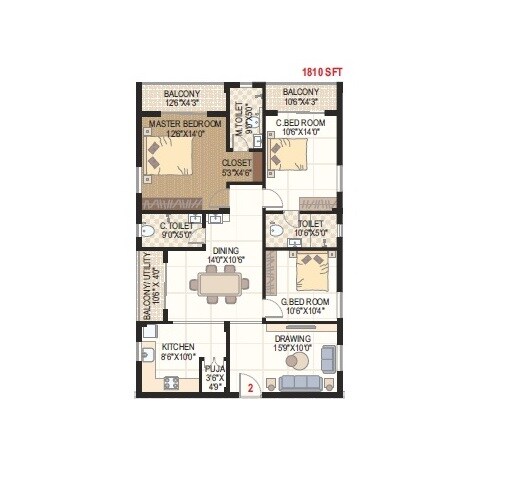 Floor plan of 3 BHK 1810 Sq. Ft. Apartment in Tejase Tranquil Creek, Hyderabad