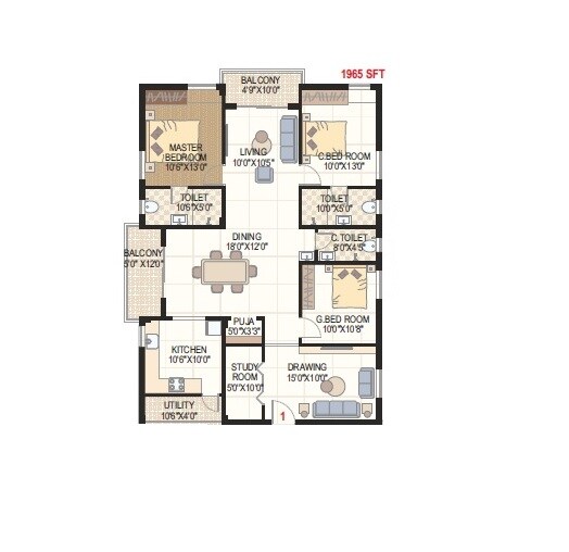 Floor plan of 3 BHK 1965 Sq. Ft. Apartment in Tejase Tranquil Creek, Hyderabad