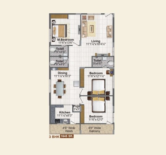 Floor plan of 3 BHK 1645 Sq. Ft. Apartment in Temple Tree Jubilee Hills, Hyderabad