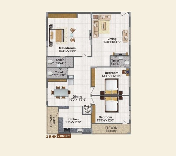 Floor plan of 3 BHK 2100 Sq. Ft. Apartment in Temple Tree Jubilee Hills, Hyderabad