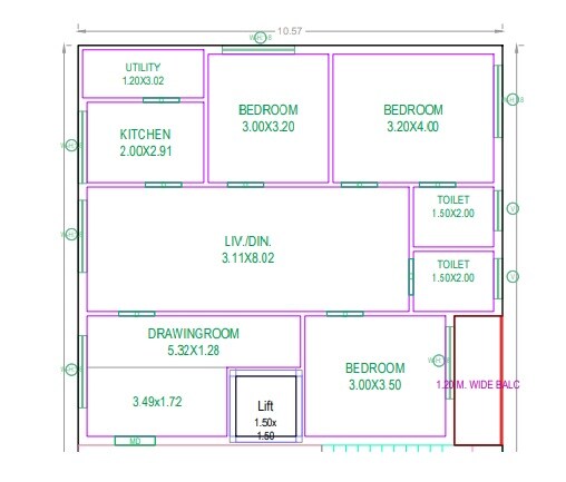 Floor plan of 3 BHK 1615 Sq. Ft. Apartment in The DBR Bhuvi, Hyderabad