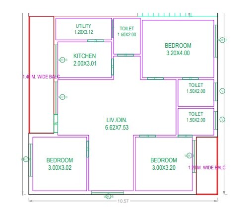 Floor plan of 3 BHK 1660 Sq. Ft. Apartment in The DBR Bhuvi, Hyderabad