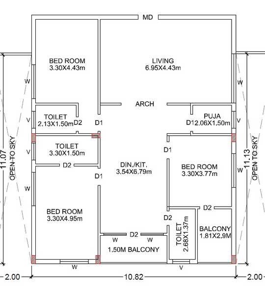 Floor plan of 3 BHK 1921 Sq. Ft. Apartment in The Royal Ridge, Hyderabad