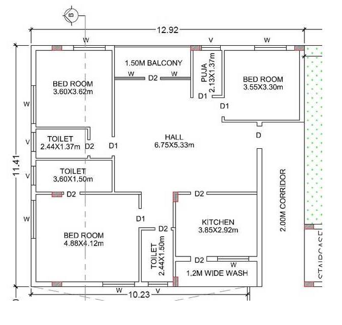 Floor plan of 3 BHK 2065 Sq. Ft. Apartment in The Royal Ridge, Hyderabad