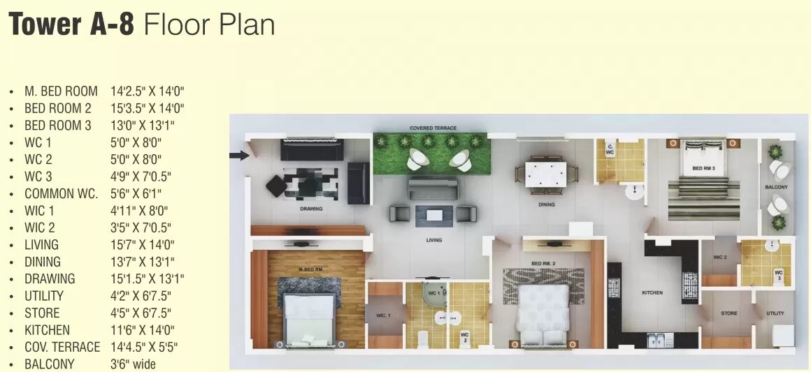 Floor plan of 3 BHK 2423 Sq. Ft. Apartment in The Valencia, Hyderabad