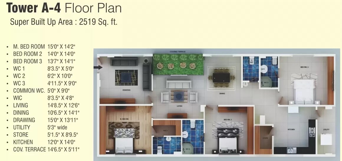 Floor plan of 3 BHK 2519 Sq. Ft. Apartment in The Valencia, Hyderabad
