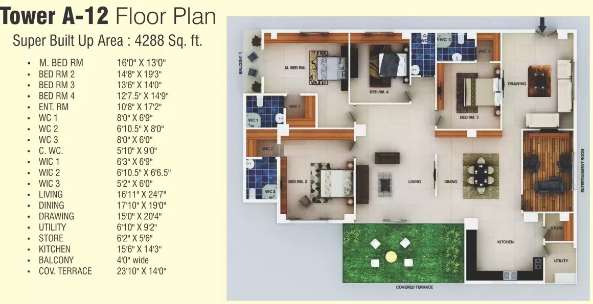 Floor plan of 4 BHK 4288 Sq. Ft. Apartment in The Valencia, Hyderabad