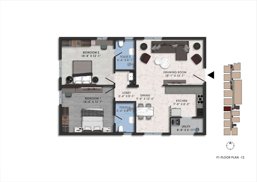 Floor plan of 2 BHK 1470 Sq. Ft. Apartment in Theme Imperial, Hyderabad