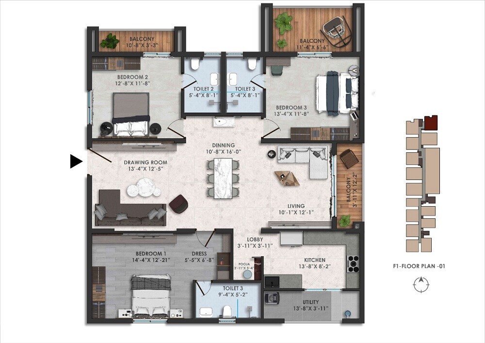 Floor plan of 3 BHK 1845 Sq. Ft. Apartment in Theme Imperial, Hyderabad