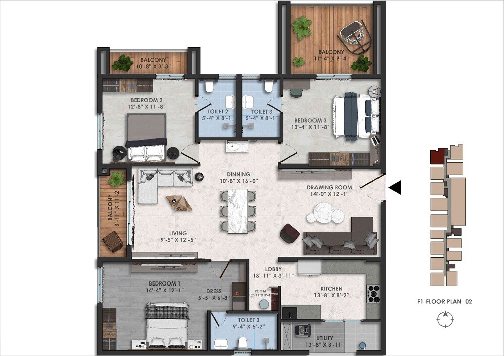 Floor plan of 3 BHK 2170 Sq. Ft. Apartment in Theme Imperial, Hyderabad