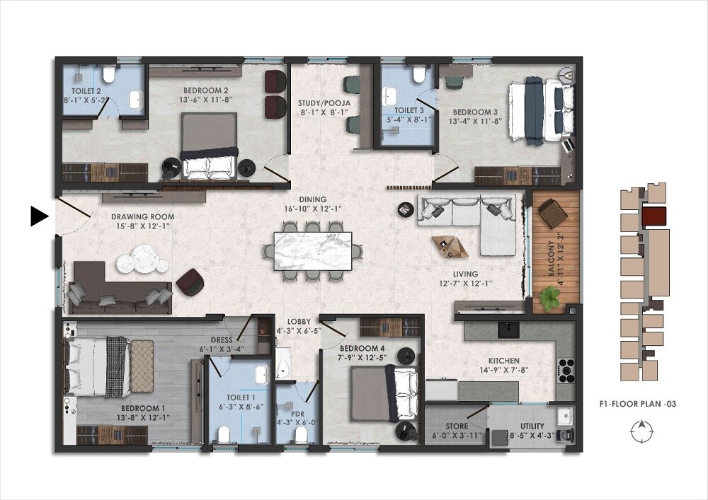 Floor plan of 4 BHK 2655 Sq. Ft. Apartment in Theme Imperial, Hyderabad