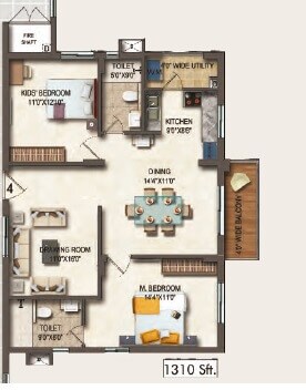 Floor plan of 2 BHK 1310 Sq. Ft. Apartment in Theme Vista, Hyderabad