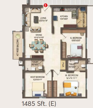 Floor plan of 3 BHK 1485 Sq. Ft. Apartment in Theme Vista, Hyderabad