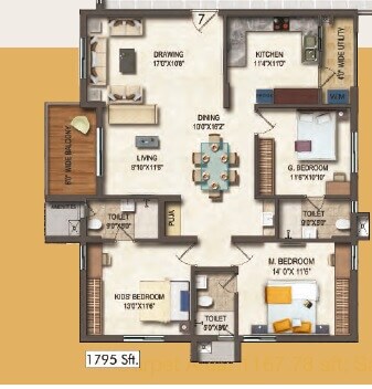 Floor plan of 3 BHK 1795 Sq. Ft. Apartment in Theme Vista, Hyderabad