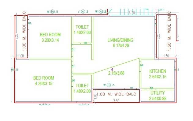 Floor plan of 2 BHK 1100 Sq. Ft. Apartment in Thimu Kings Court, Hyderabad
