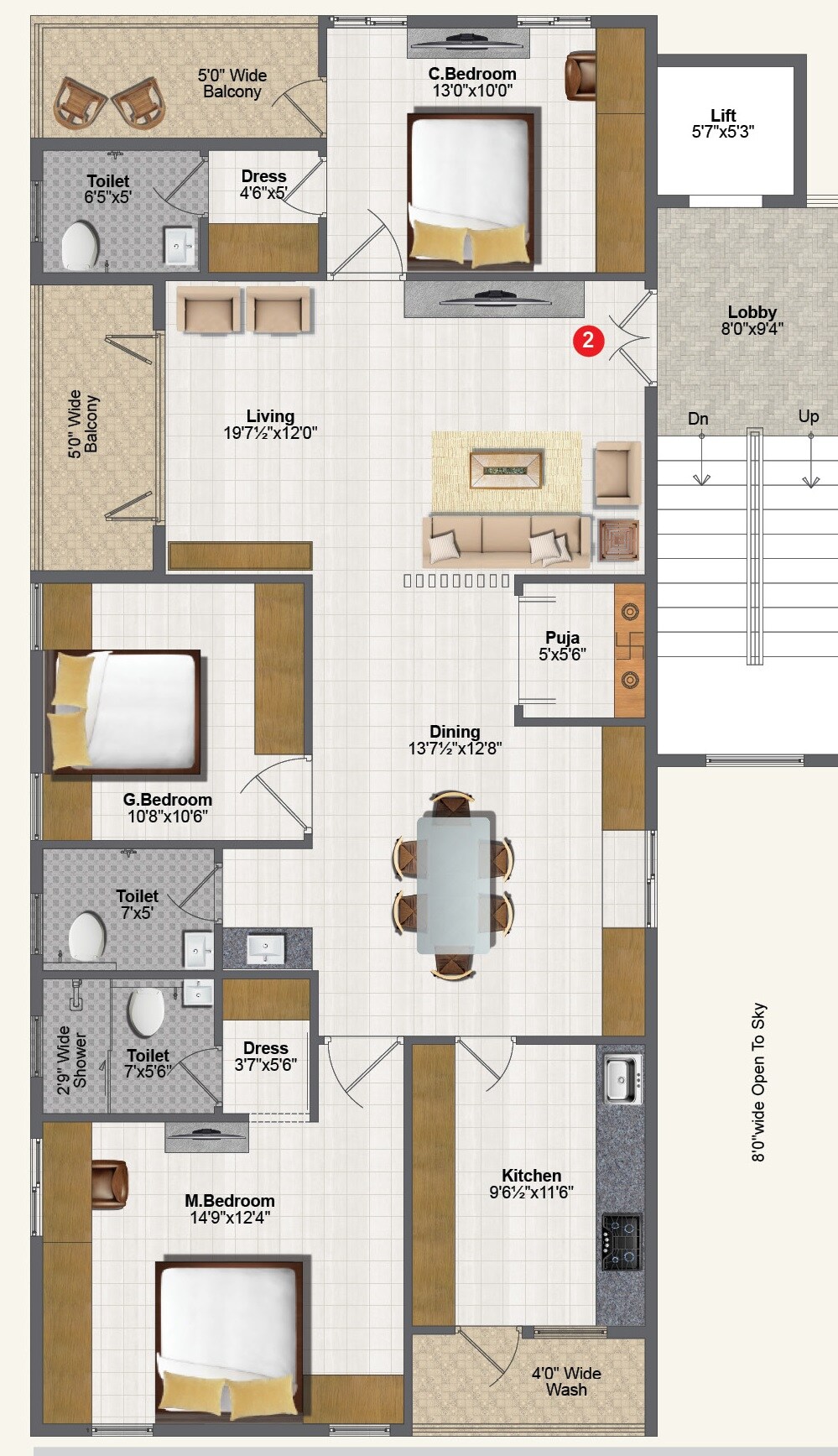 Floor plan of 3 BHK 1895 Sq. Ft. Apartment in Thipparthi Fort House Premium, Hyderabad