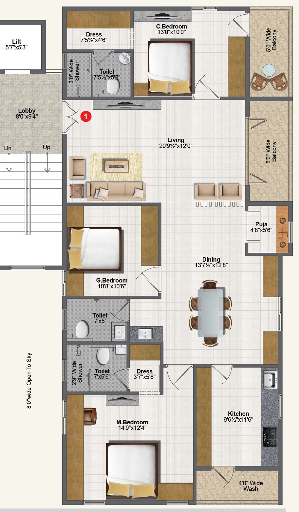 Floor plan of 3 BHK 1940 Sq. Ft. Apartment in Thipparthi Fort House Premium, Hyderabad