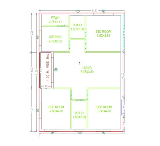 Floor plan of 3 BHK 1519 Sq. Ft. Apartment in Thulluri Fortune Prime, Hyderabad
