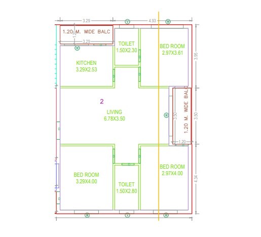 Floor plan of 2 BHK 1275 Sq. Ft. Apartment in Thulluri Fortune Prime, Hyderabad