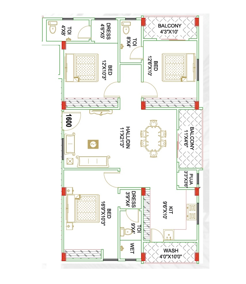 Floor plan of 3 BHK 1600 Sq. Ft. Apartment in TKR Luxor Avenue, Hyderabad