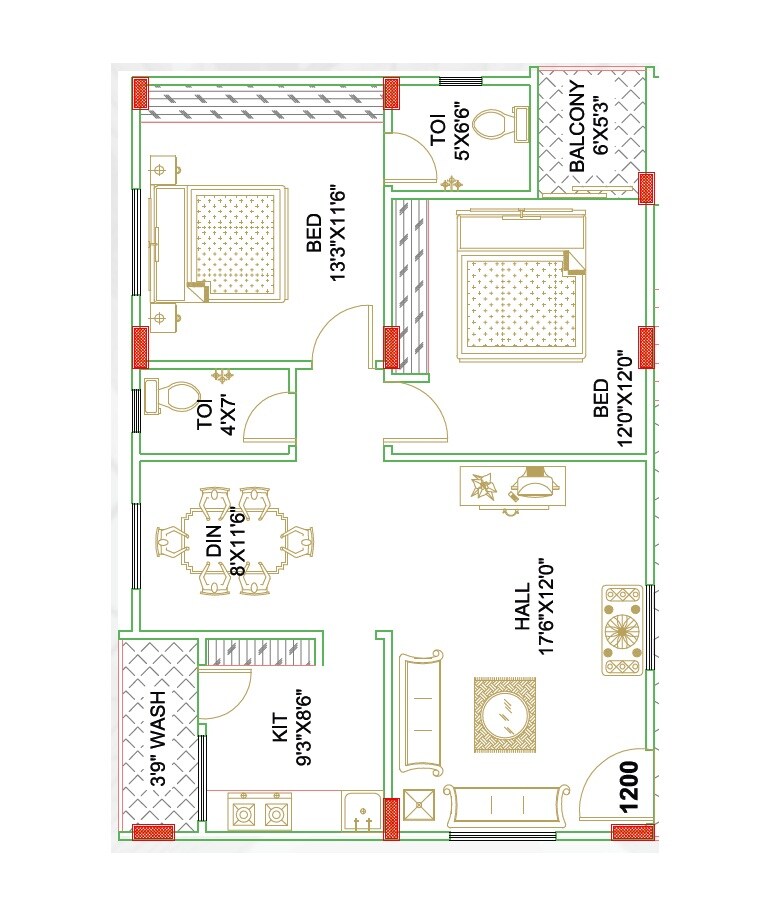 2 BHK 1200 Sq. Ft. Apartment