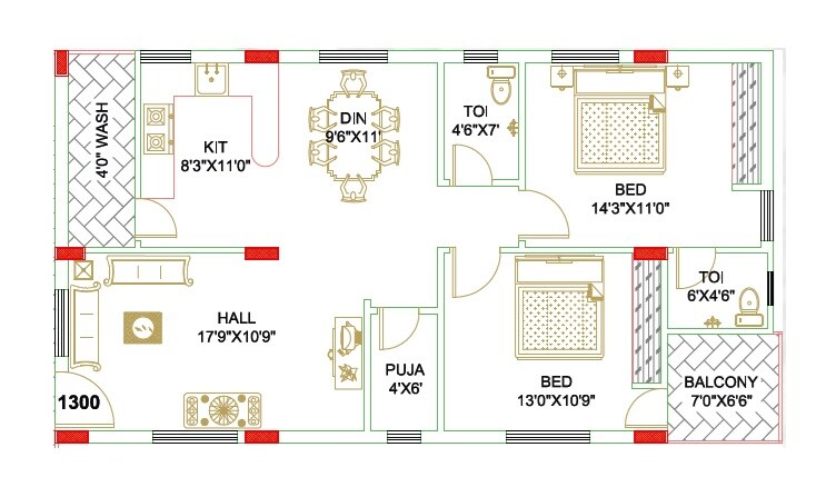 Floor plan of 2 BHK 1300 Sq. Ft. Apartment in TKR Luxor Serene, Hyderabad