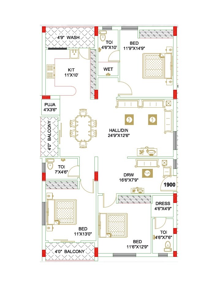 Floor plan of 3 BHK 1900 Sq. Ft. Apartment in TKR Luxor Serene, Hyderabad