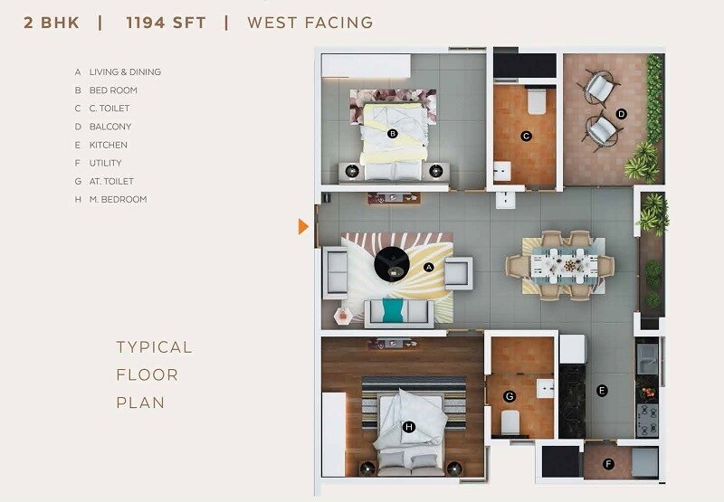 Floor plan of 2 BHK 1194 Sq. Ft. Apartment in TMSR Skyler, Hyderabad