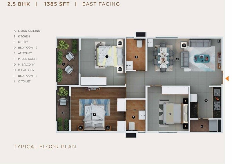 Floor plan of 2 BHK 1385 Sq. Ft. Apartment in TMSR Skyler, Hyderabad