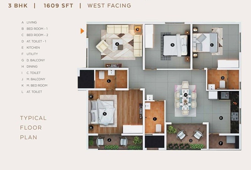 Floor plan of 3 BHK 1609 Sq. Ft. Apartment in TMSR Skyler, Hyderabad