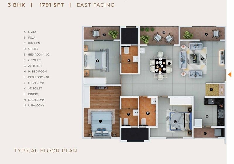 Floor plan of 3 BHK 1791 Sq. Ft. Apartment in TMSR Skyler, Hyderabad