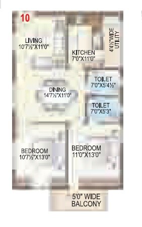Floor plan of 2 BHK 1169 Sq. Ft. Apartment in TNR Sulakshana, Hyderabad