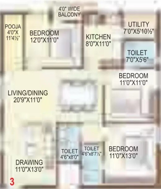 Floor plan of 3 BHK 1386 Sq. Ft. Apartment in TNR Sulakshana, Hyderabad
