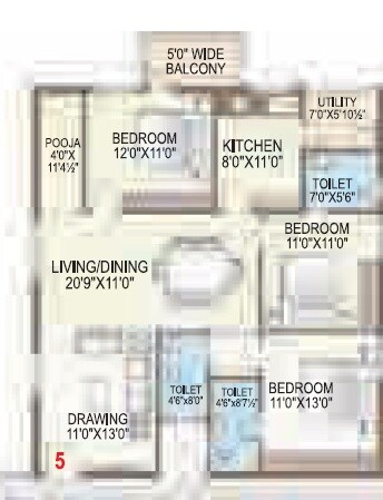 Floor plan of 3 BHK 1597 Sq. Ft. Apartment in TNR Sulakshana, Hyderabad