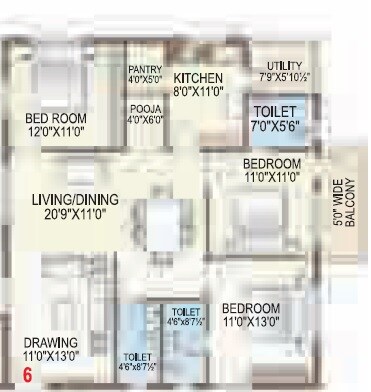 Floor plan of 3 BHK 1644 Sq. Ft. Apartment in TNR Sulakshana, Hyderabad