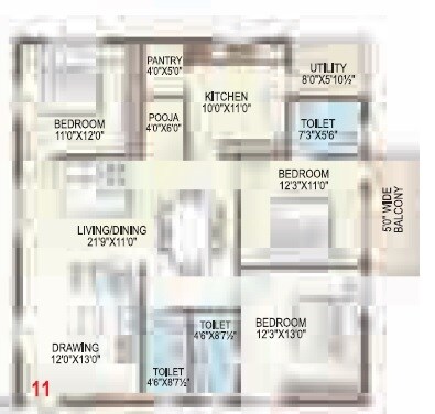 Floor plan of 3 BHK 1749 Sq. Ft. Apartment in TNR Sulakshana, Hyderabad