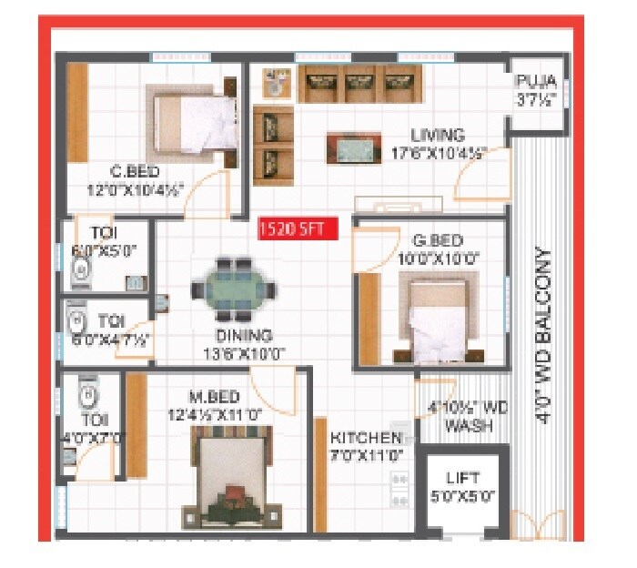 Floor plan of 3 BHK 1520 Sq. Ft. Apartment in Totaram Aakar Heights, Hyderabad